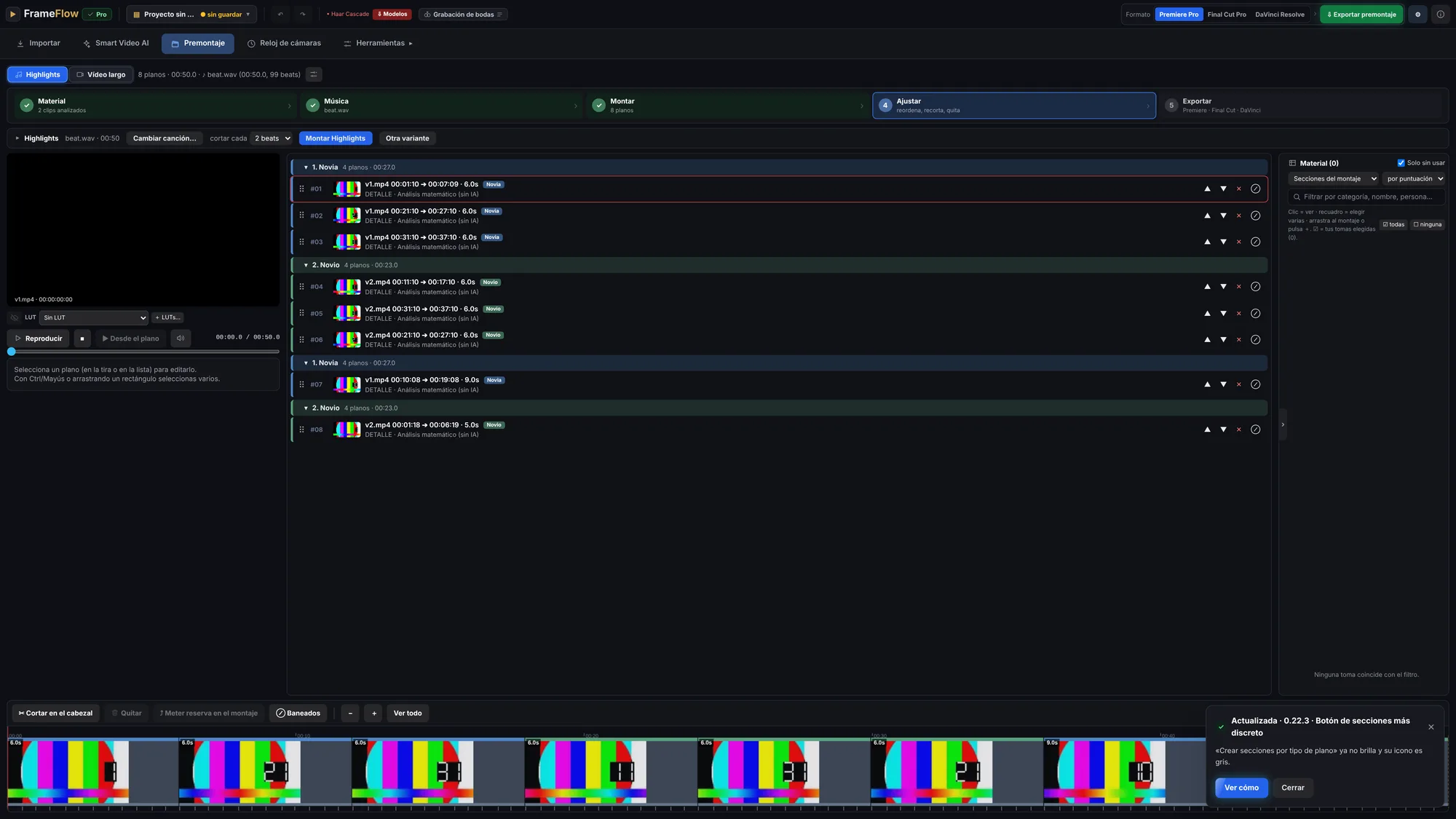 Pantalla de Premontaje de FrameFlow: lista de planos agrupados por sección, vista previa, material disponible y línea de tiempo.